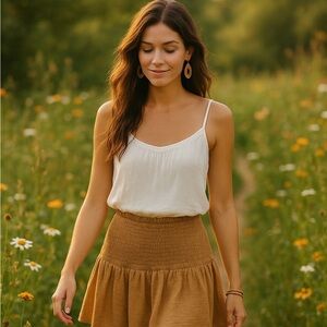 Heyson Smocked Ruffle Skort Size Small NWT Tan Brown Boho Mini Skirt Shorts